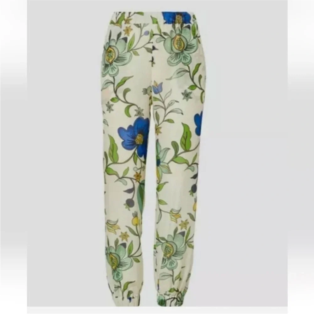 Tory Burch Printed Beach Pants in Ivory love floral Cotton Silk Size Medium NWT